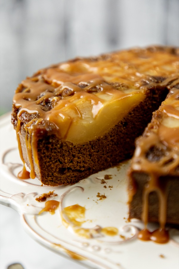 cake, pear, gingerbread, caramel, fall, cinnamon, ginger, dessert, gluten-free, baked