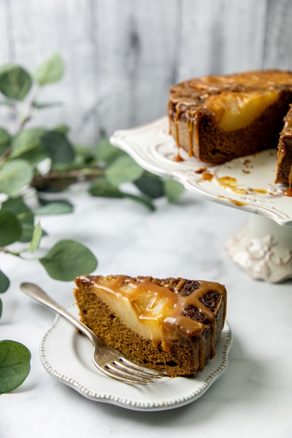 cake, pear, gingerbread, caramel, fall, cinnamon, ginger, dessert, gluten-free, baked