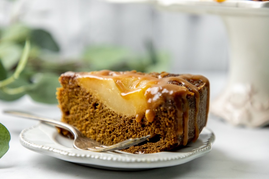 cake, pear, gingerbread, caramel, fall, cinnamon, ginger, dessert, gluten-free, baked