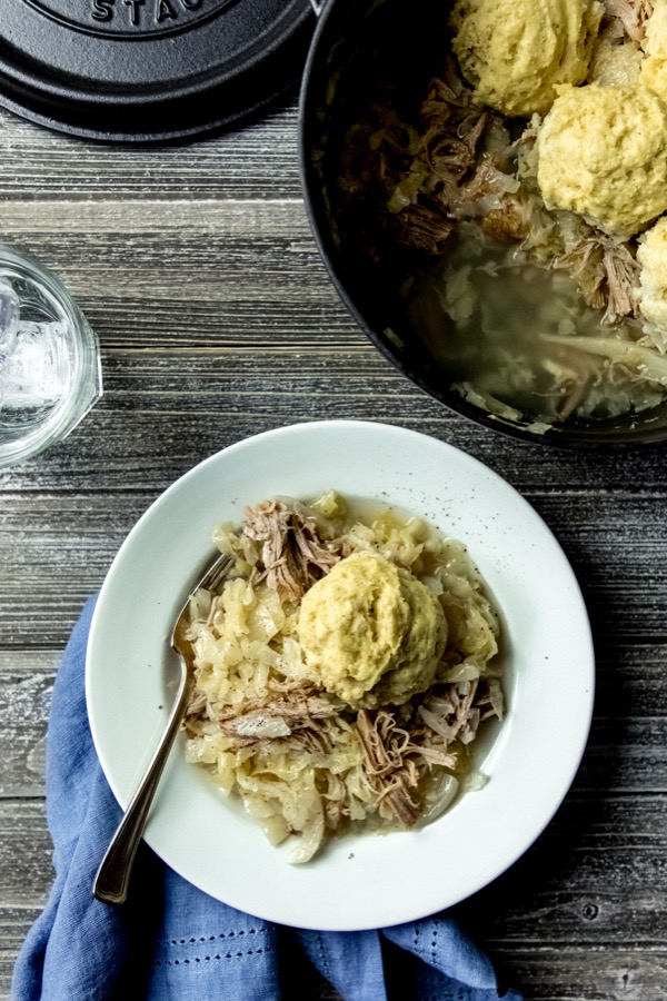 Homemade sauerkraut with pork and light, fluffy gluten-free dumplings
