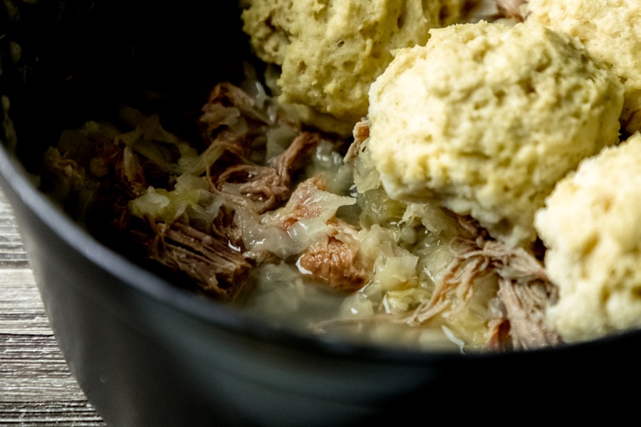 Homemade sauerkraut with pork and light, fluffy gluten-free dumplings