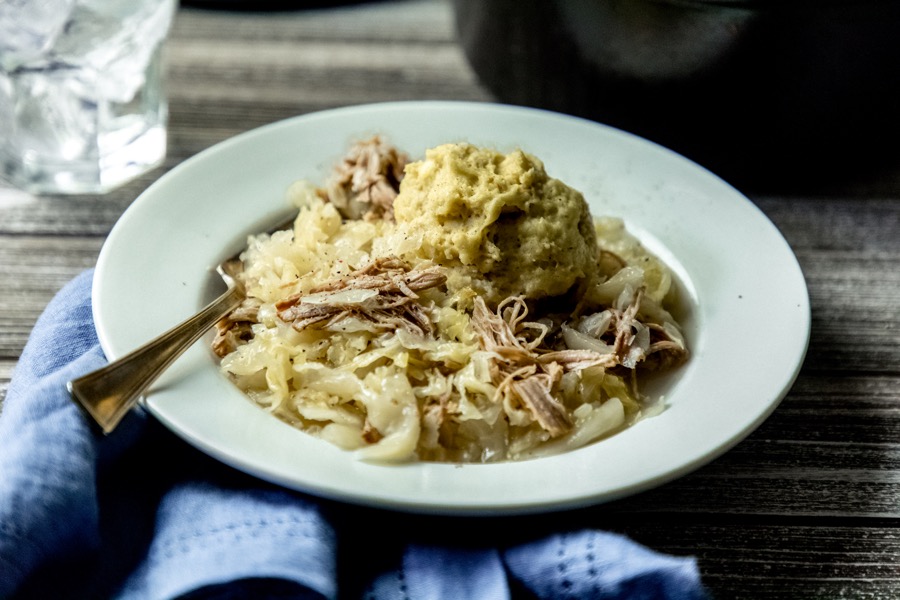 Homemade sauerkraut with pork and light, fluffy gluten-free dumplings